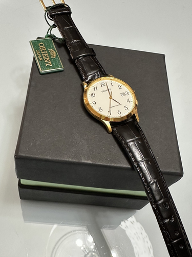 ORIENT LUN63004W0 OROLOGIO VINTAGE UOMO PELLE NERO DATA DORATO 35mm SOTTOCOSTO - Zdjęcie 9 z 9
