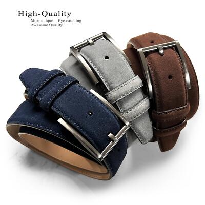 Men's Casual Dress Belt - 1-3/8" Wide Suede & Genuine Leather With Solid Brass Buckle
