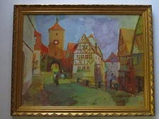 FRANK GERMAIN 1970S MODERNISM ARCHITECTURAL VILLAGE SCENE EXPRESSIONISM PAINTING