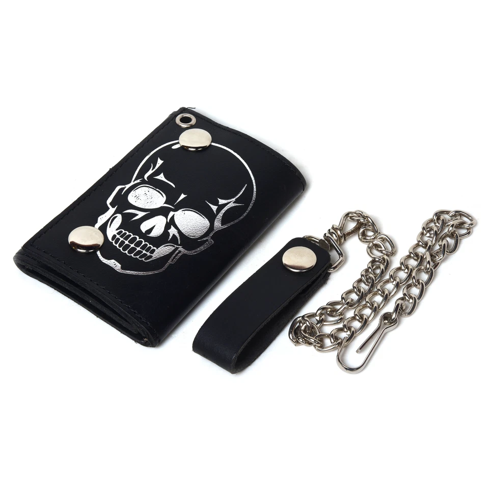 Leatherboss Genuine Leather Men Cool Skull Trifold Wallet Chain Biker, Black - Image 2 of 4