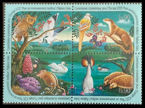 117. UNITED NATIONS 1991 SETENANT STAMP BIRDS, ANIMALS, BUTTERFLY,ENVIRONMENT - 第 1/1 張圖片