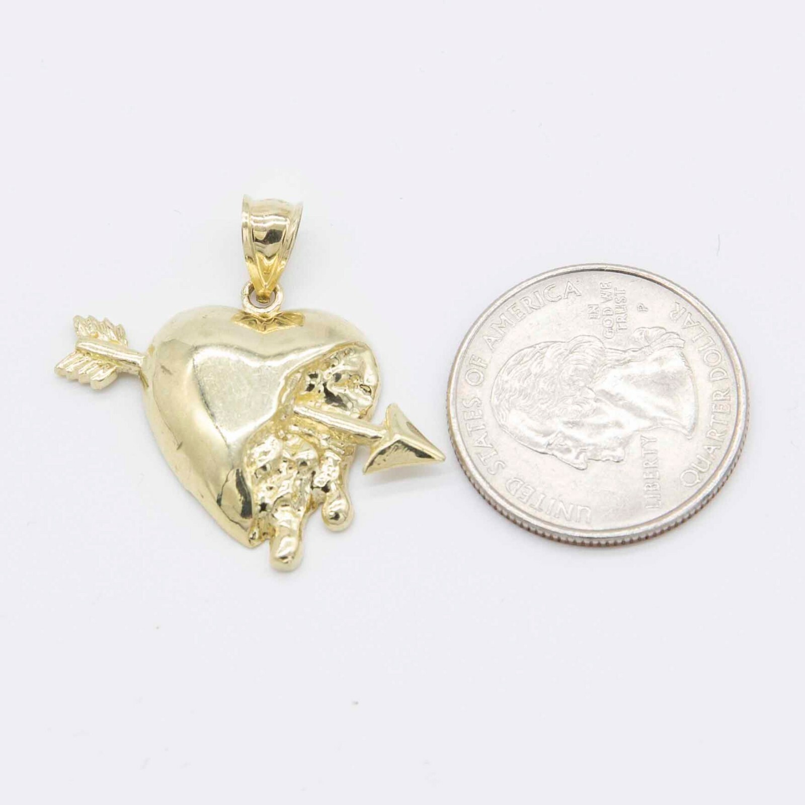 1 1/4" Textured Heart with Arrow Pendant Real Solid 10K Yellow Gold