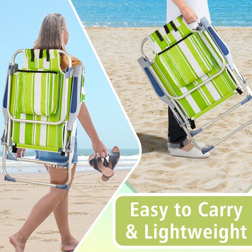 Green Stripes Beach Chair Oxford Cloth Aluminum Tube Bearing 24.8x27.56x38.98'' - Picture 6 of 19