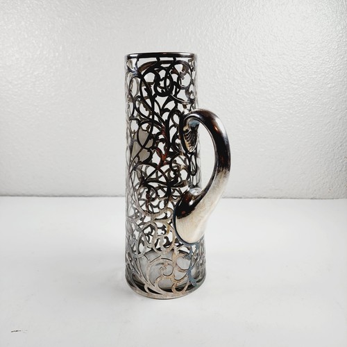 ART DECO SILVER OVERLAY GLASS PITCHER Monogrammed "LBR" Stress Crack Last Pict. - Picture 5 of 15