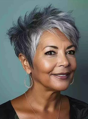 Short Pixie Cut Wigs with Bangs for Women Black with Gray Mix Synthetic Hair Wig