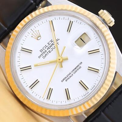 ROLEX DATEJUST 16013 18K GOLD STEEL WHITE DIAL w/ BLACK LEATHER STRAP WATCH