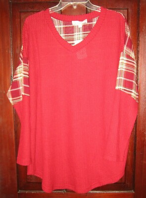 Weekend Suzanne Betro New XL Knit Tunic Top Shirt Blouse Textured Plaid Contrast