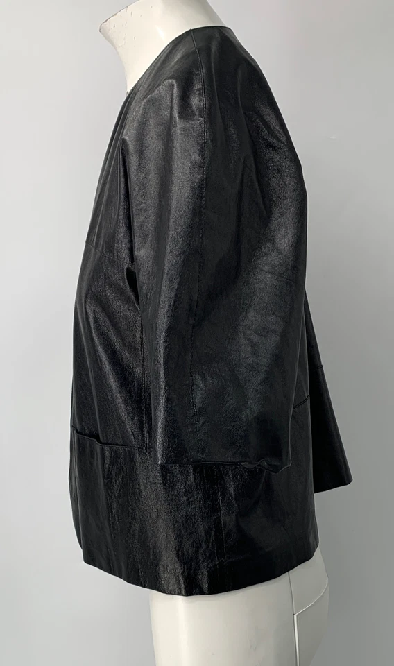Chaqueta Camisa Abierta Manga Corta Cuero Negra Lafayette 148 Talla L Foto 3 de 4