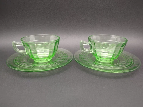 2 sets Vintage Anchor Hocking Block Optic Cup & Saucer Depression Uranium Glass