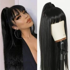 Women Black Long Straight Wigs With Bangs Synthetic Heat Resistant Natural Hair 