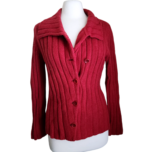 Garnet Hill Cardigan Ribbed Sweater Womens M Wool Cashmere Red Button Front - Picture 14 of 14