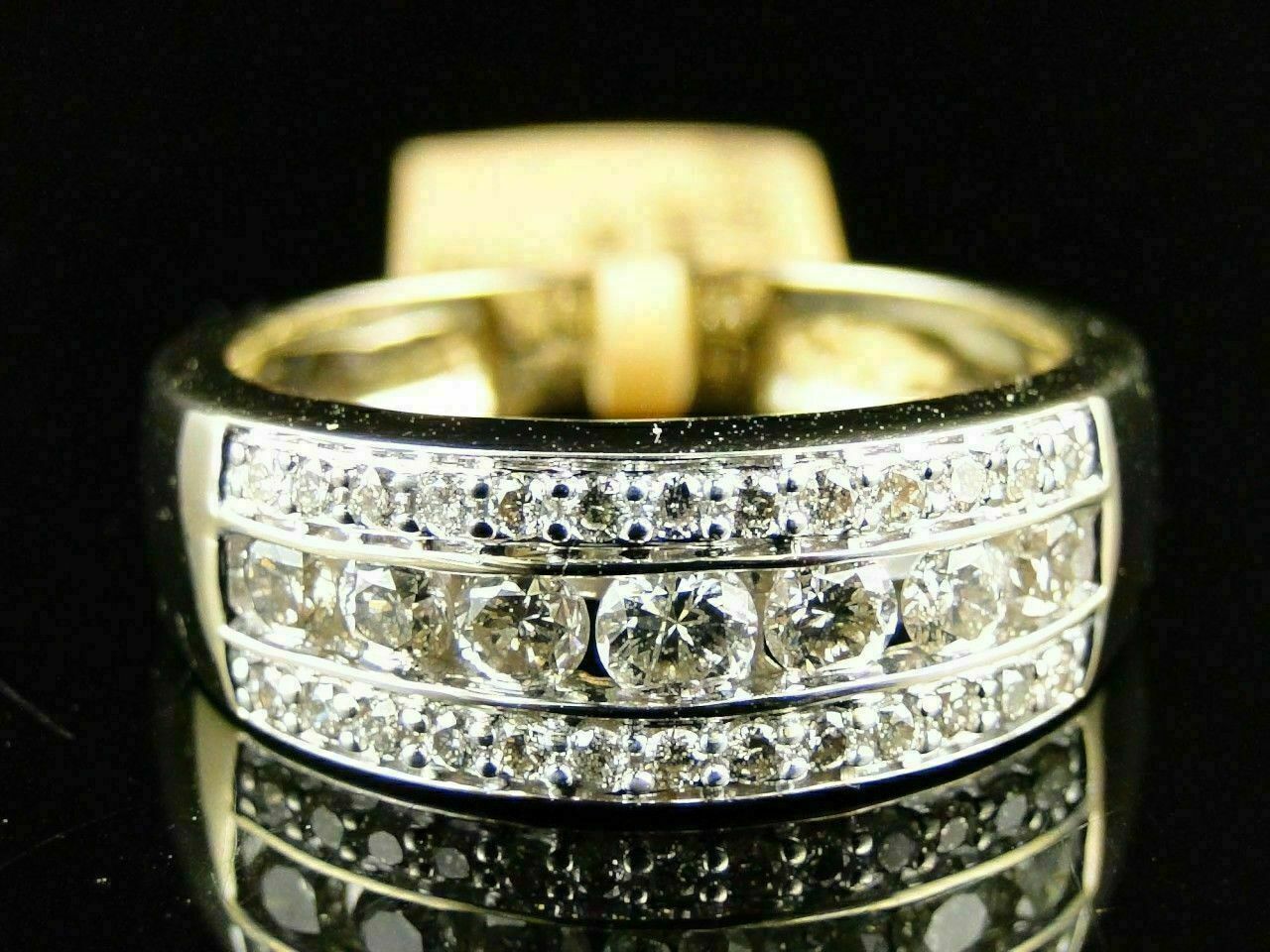Real Moissanite Three Row Men's Engagement Band Ring Yellow Gold Plated Silver