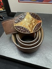 Extremely Rare Vintage Brown And Gold Leather Prada Belt W/ Buckle 36in Length