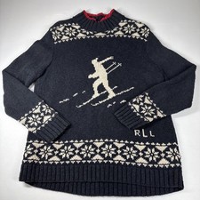 Vtg Ralph Lauren Downhill Ski Hand Knit Sweater Mock Neck Snowflake Pattern Sz M