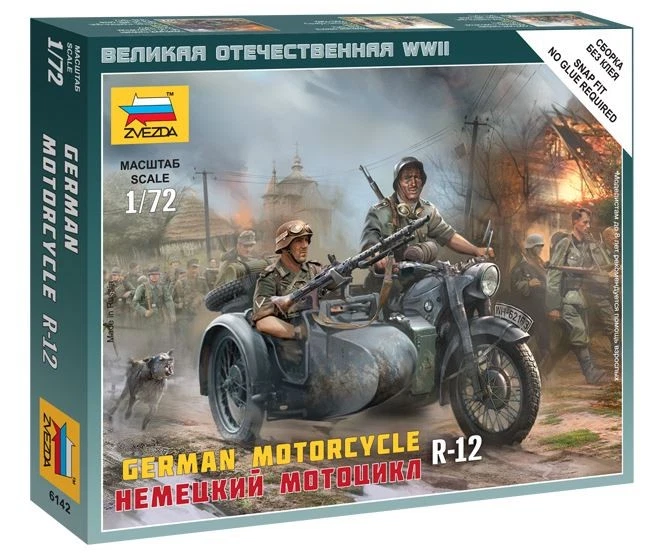 KIT MODELLINO MOTO MILITARE ZVEZDA GERMAN MOTORCYCLE R12 SIDECAR SCALA 1:72 - Immagine 2 di 4