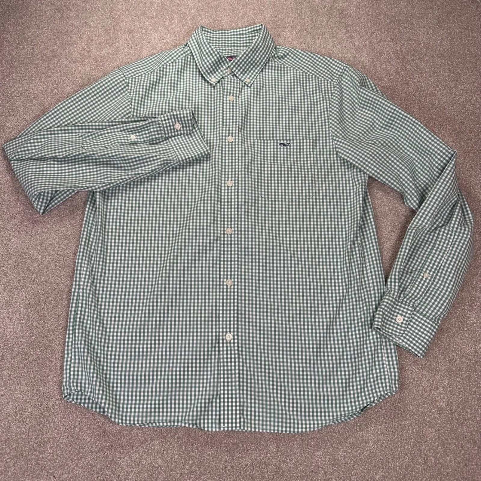 Vineyard Vines Mens Medium Green Gingham Check Stretch Long Sleeve Button Down
