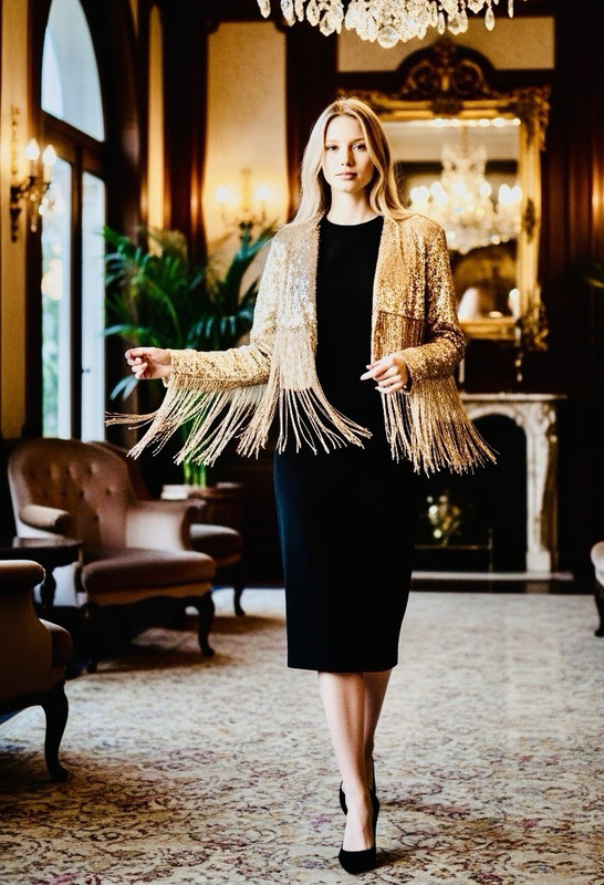 Gold Sequin Fringe Cropped Jacket Lightweight Long Sleeve Women | L | NWOT