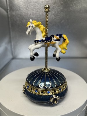 MUSICAL HORSE ON STAND, ROTATES BY KEREN KOPAL. TEAL BLUE STAND CRYSTALS, DETAIL