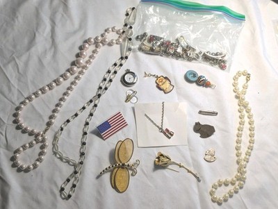 Lot of Costume Jewelry Pins Necklace Watch Pendant Faux Pearl Beads Broken AS IS