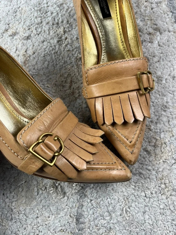 Dolce & Gabbana Heels Womens 37 Brown Leather Vintage Italy Fringe Buckle image 3