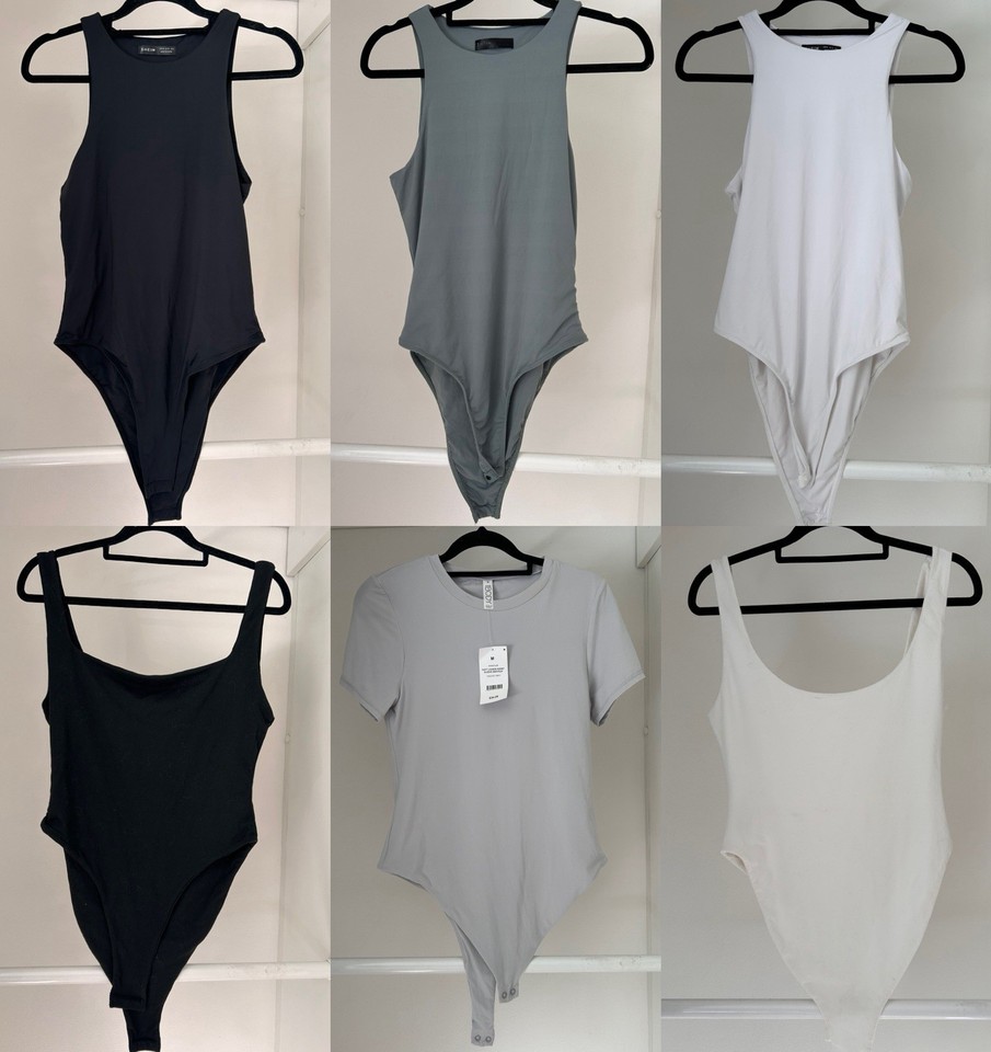 NEW Shein 6 Pc Bodysuit Set Racerback Camisole Tank Top Fitted Black White Sage 