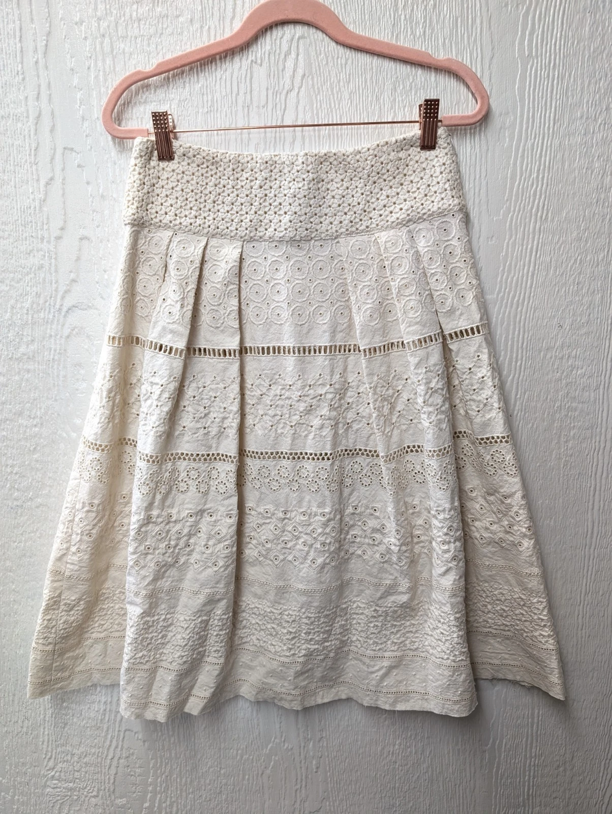Pieces Uniques Cream Embroidered Skirt Boho Hippie Festival Cotton Linen Size 4