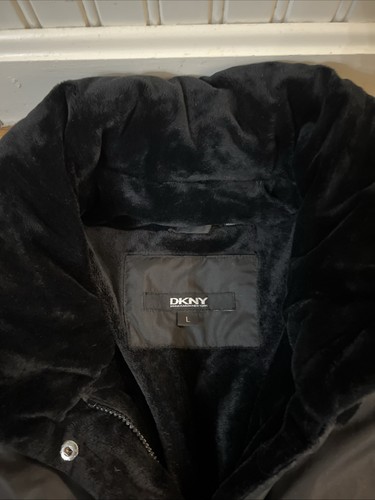 DKNY Black Puffer Down Full Zip Hideable Hood Trench Over Coat Women's Large - Picture 3 of 12