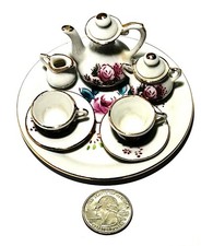 10 Pc Miniature Dollhouse Tea Set Rose Embossed White Porcelain W/Gold Trim