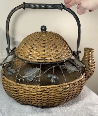 Vintage Wicker Teapot Basket Metal Handle Grapevine Accents Rustic Kitchen 11 W