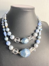 Vintage Signed Japan Multi Strand Blue Lucite and Glass Bead Necklace 14-16"