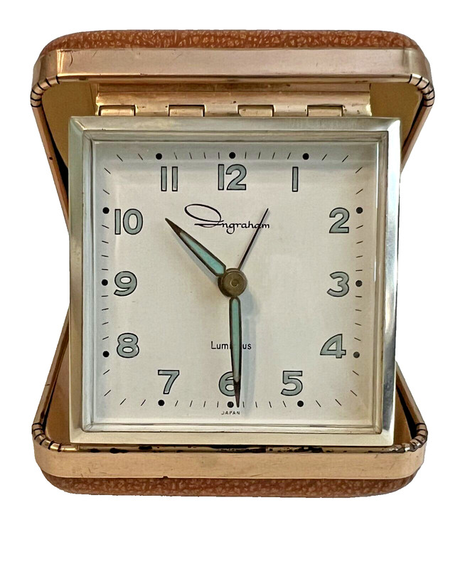 Vintage Ingraham Luminous Dial Travel Alarm Clock WORKS! Brown Animal Print Case