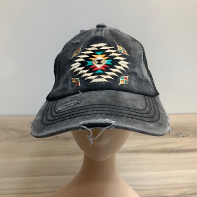 Exclusive Aztec Embroidered Mesh Back Criss Cross Ponytail Baseball Cap 