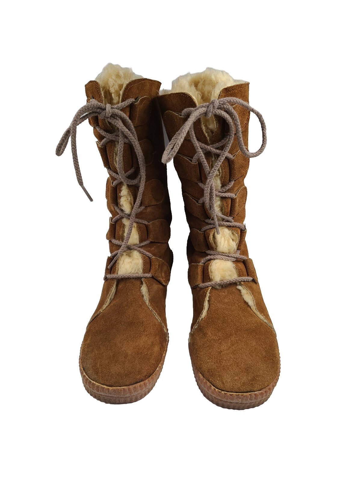 Winter Womens Boots Size 7 Brown Suede Leather Lace Up Sherpa Lined EUC