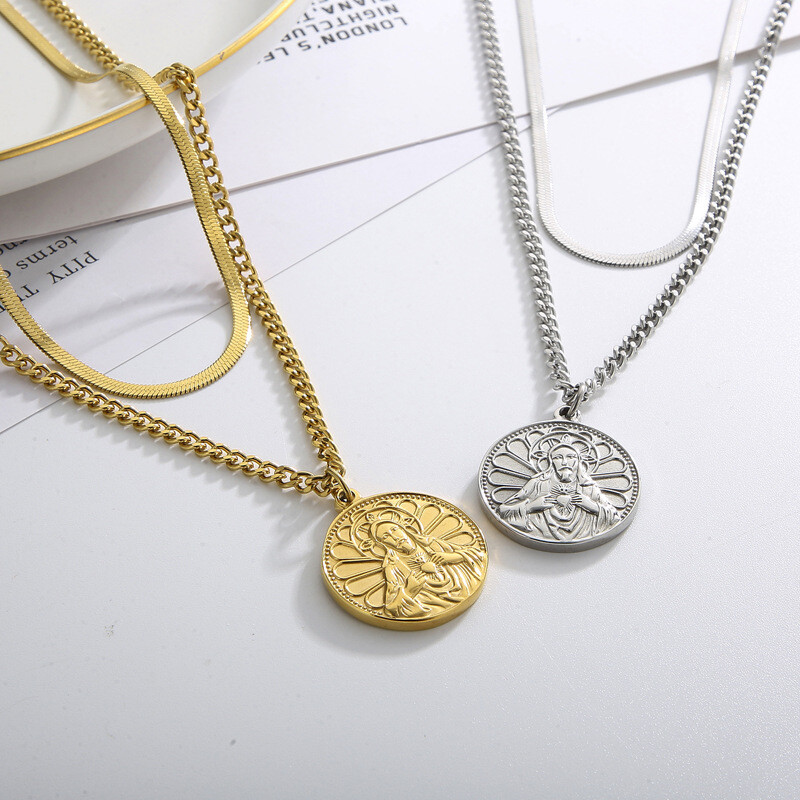 Collar etiqueta titanio acero vintage chapado en oro doble capa cadena de uso