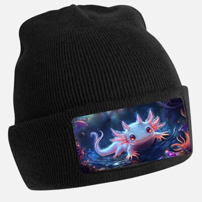 Unisex Cotton Axolotl Black Glowing Eyes Print Beanie Hat
