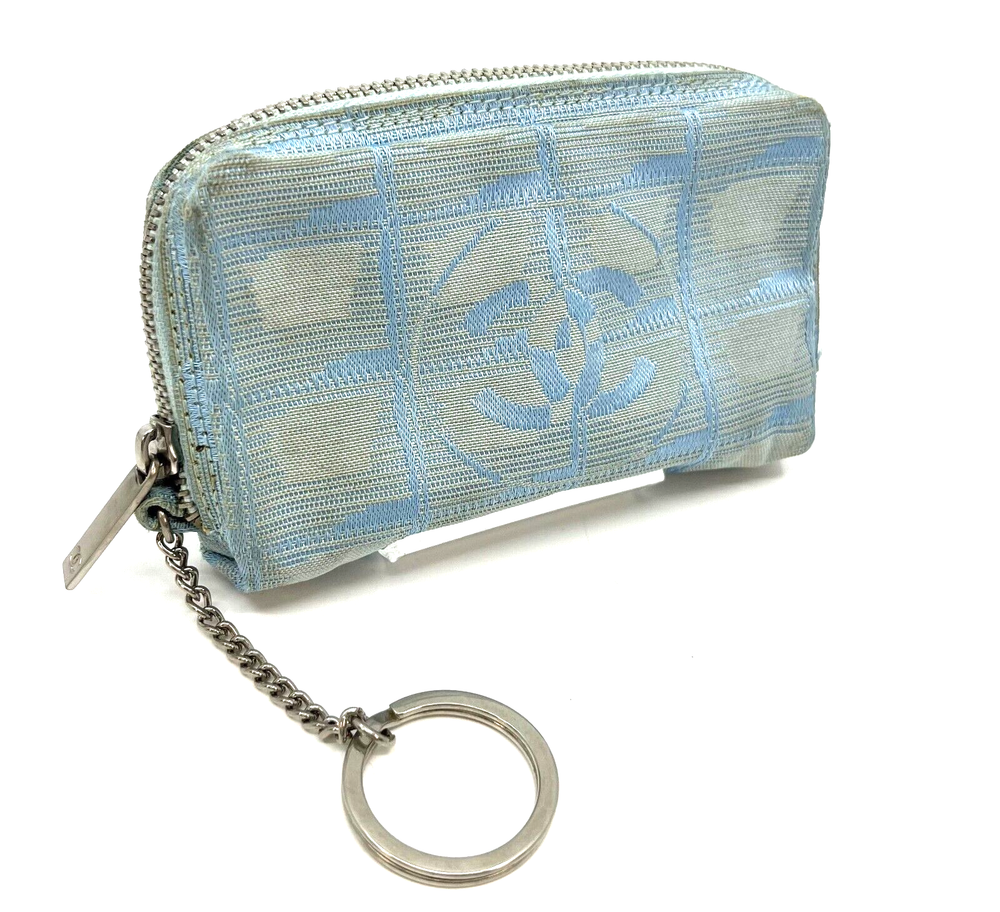 CHANEL Purse Pouch Zip Light Blue Nylon Auth