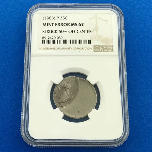 1983 P Washington Clad Quarter Mint Error Struck 50% Off Center NGC MS62