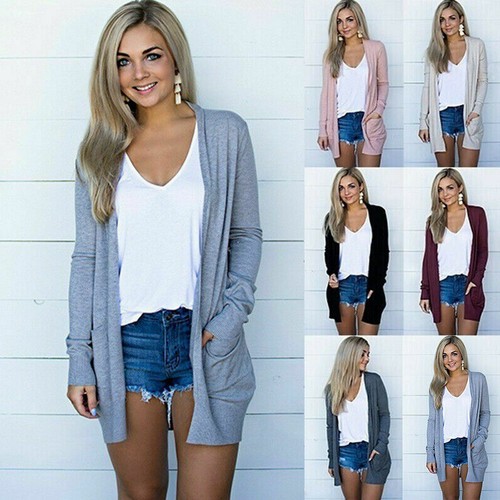 Cardigan donna maglia manica lunga aperto davanti maglione tunica blusa ampia top H* - Foto 2 di 19