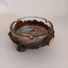 Retro Vintage Glass Ashtray Trinket Dish  On Wood Stand With Coronation Scene 
