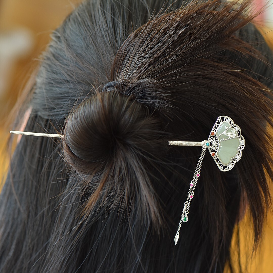 S925 Silver Inlaid Hotan Jade Enamel Fanshaped Tassels Hairpin Head