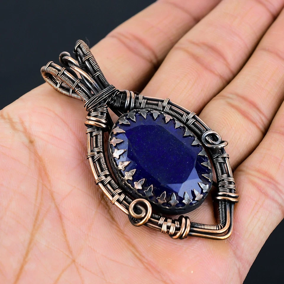 Zafiro azul hecho a mano piedras preciosas alambre de cobre envoltura boda colgante joyería Foto 3 de 4