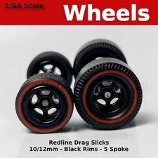 Muscle Car - Black 5 spoke Redline Drag Slicks - 10/12mm for Hot Wheels