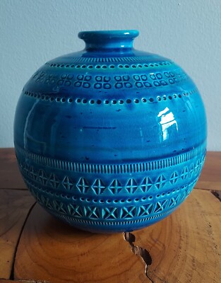 Vietri Blue Round Ceramic Bitossi Inspired Vase 8.75'' Tall