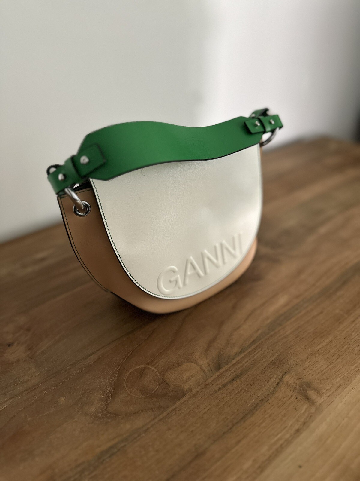GANNI Colorblock Banner Crossbody Saddle Bag Green/Wh… Gem