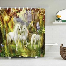 Funny Bathroom Shower Curtain w Hooks Decor Waterproof Anime Horses Farm Curtain