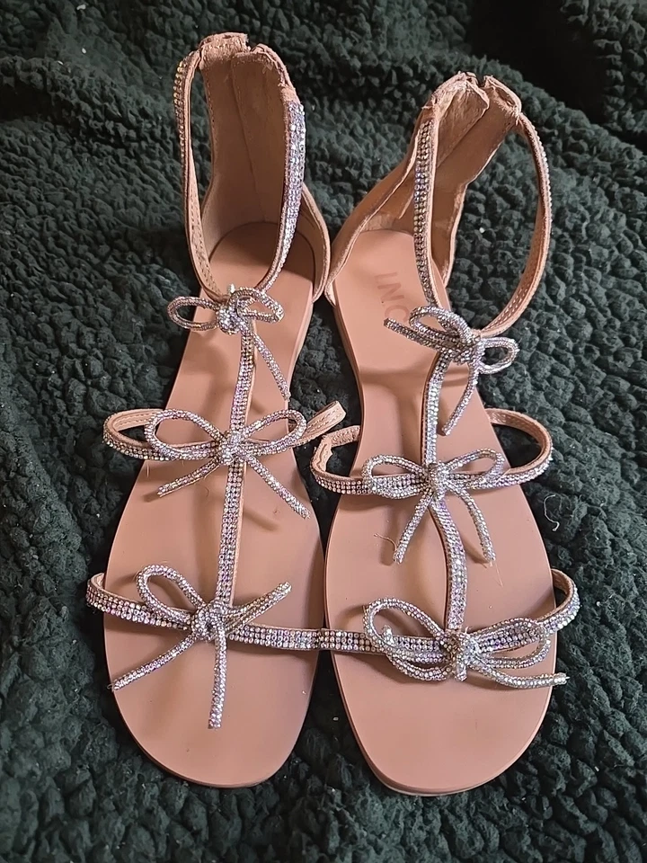 Sandálias planas femininas cintilantes de strass tiras em T tanga elegante sapatos de casamento de praia - Imagem 3 de 3