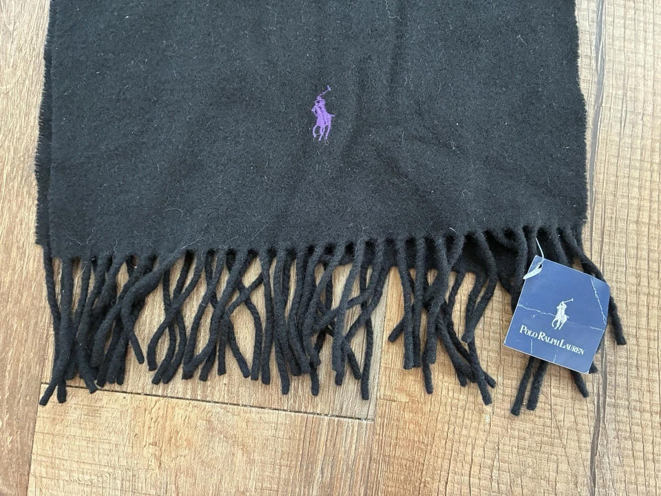 Polo Ralph Lauren Para Hombres Bordado Logo Negro Sólido 100% Lana Cordero Borla Bufanda Foto 2 de 3