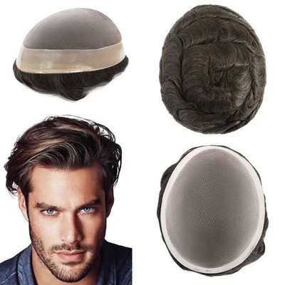 Mens Toupee Human hiar Medium 130% Soft Hair Fine Mono Replecement System Toupee