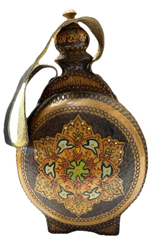 Vintage Hand Painted Wooden Flask Canteen Folk Art w/ Strap & Stopper 8.5” Tall