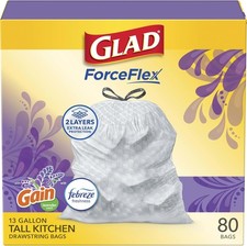 Glad ForceFlex Tall Kitchen Drawstring Trash Bags, 13 Gal, Gain Lavender, 80 Ct